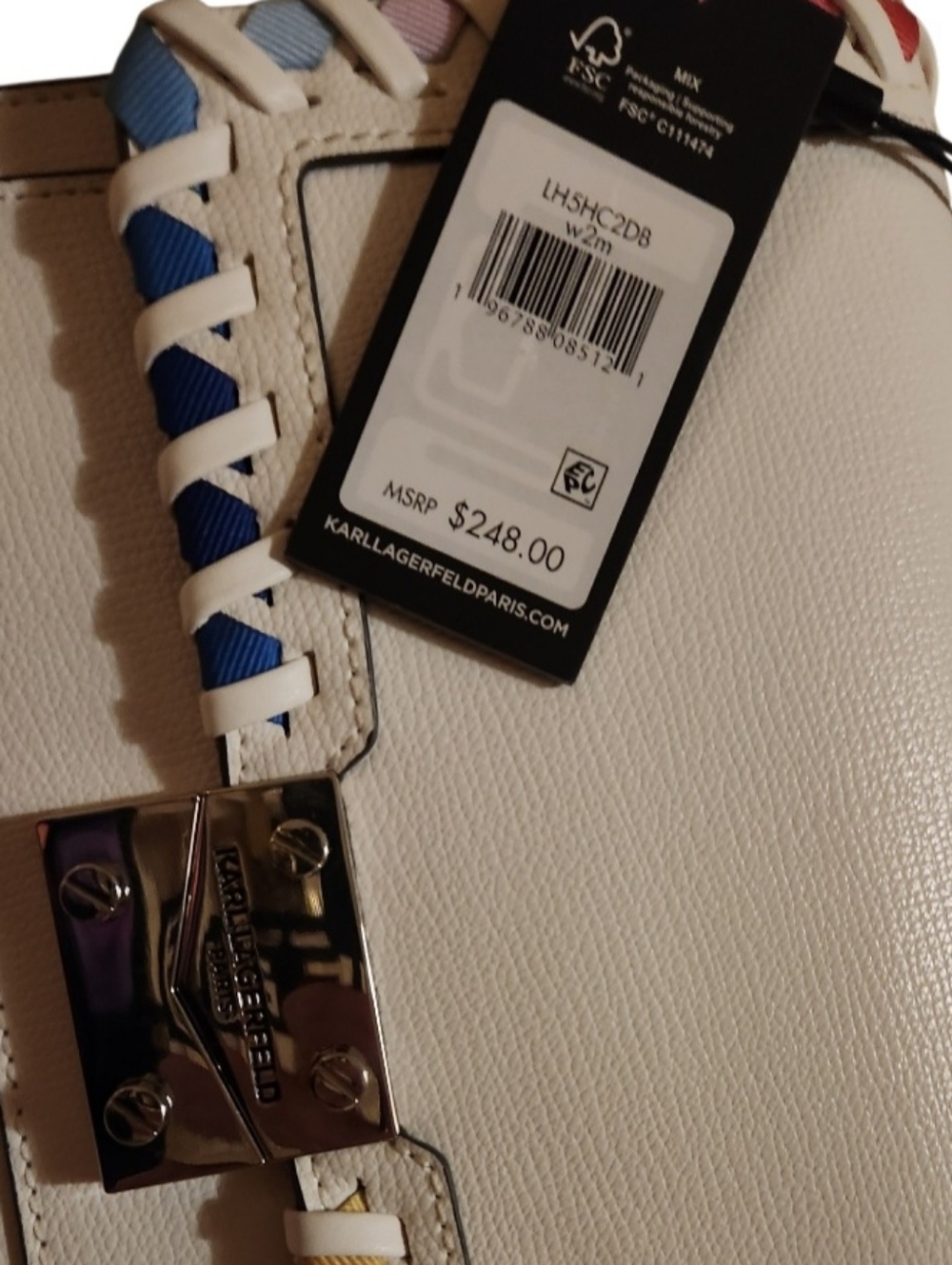 ❌️SOLD ❌️NWT Karl Lagerfeld White Leather Crossbody Chain Bag Multicolor Trim - Picture 4 of 8